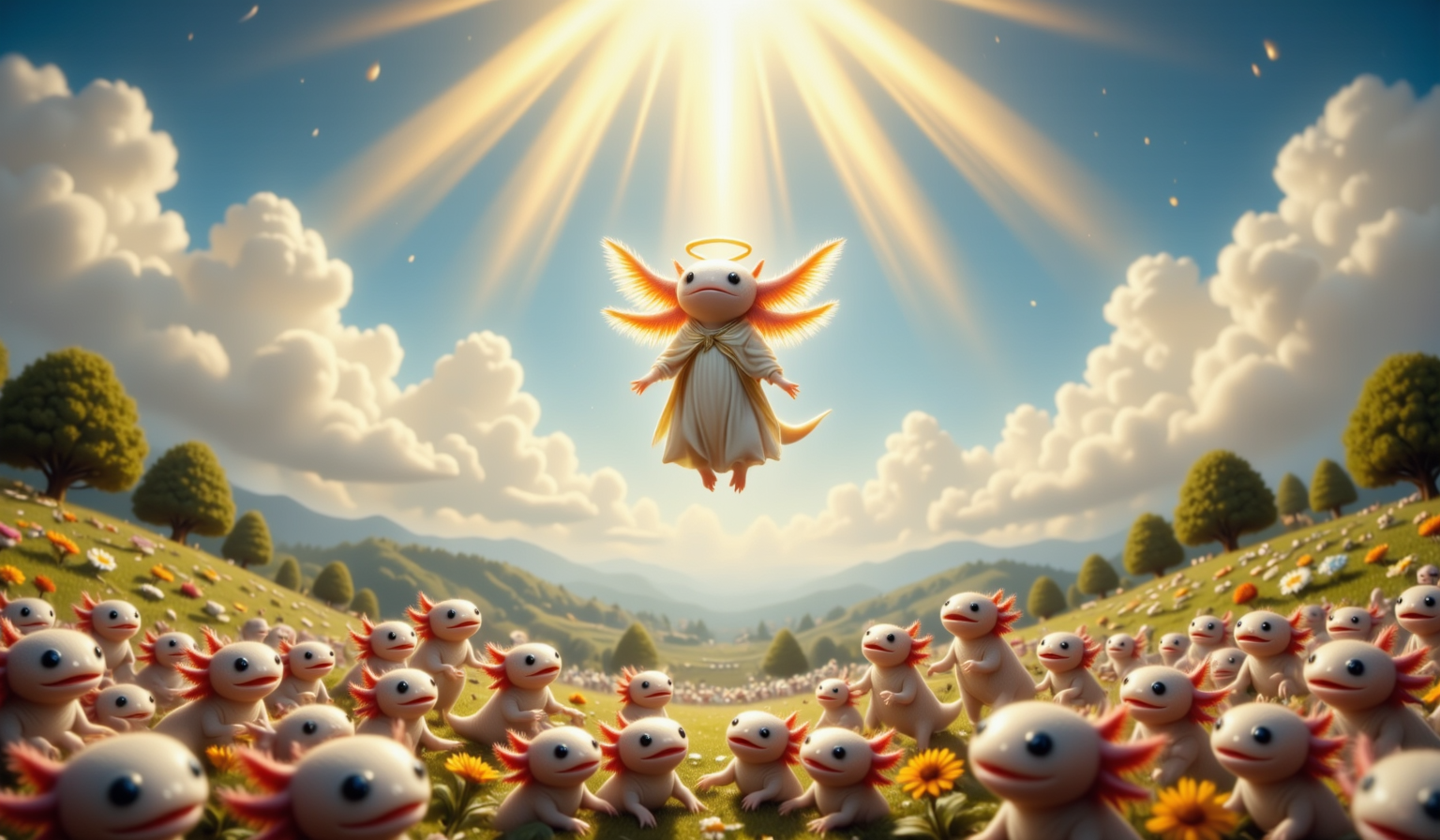 top down tilt shift image of tiny cute anthropomorphized axolotls with pink frilly gills and round black eyes,  The Axolotl Ascension: In a scene filled with brilliant light, an axolotl with radiant wings and a glowing halo ascends into the sky, leaving a group of astonished axolotls gazing upward. The ascending axolotl is adorned in flowing, white garments that ripple with divine energy, and its expression is calm and serene. The crowd below is a mix of joy, wonder, and reverence, with some axolotls reaching out as if to grasp the departing figure. The background shows a vast, open sky with clouds parting to reveal beams of golden light shining down, while the landscape below is a lush, green valley filled with blooming flowers.<lora:Axomodel_Flux_V2.safetensors:1.0:1.0> <lora:felt.safetensors:0.5:0.5>