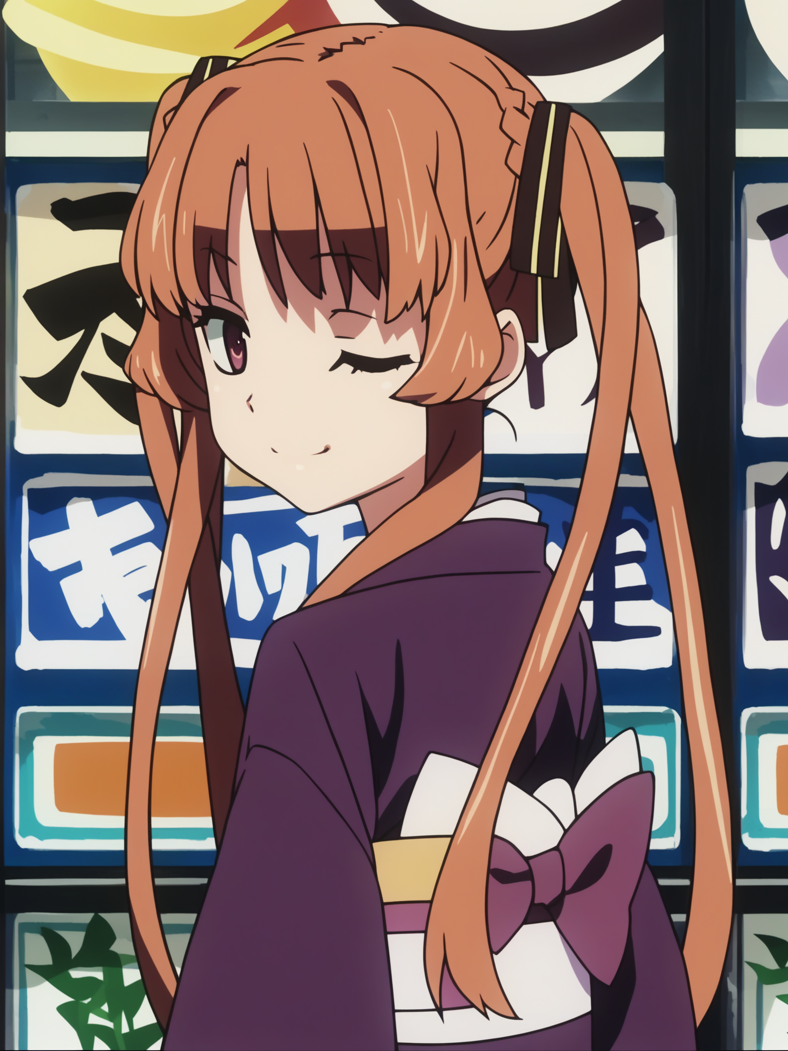 <lora:happy_tentacle-remon-v0.2:1>, ht_remon, twintails, hair ribbon, 1girl, japanese clothes, yukata, purple kimono, obi, sash, alternate hairstyle, braid, hair up , upper body , (evil eyes :1.2) , wince , evil smile , looking back , anime coloring, anime screencap, score_9, score_8_up, score_7_up, score_6_up, score_5_up, score_4_up