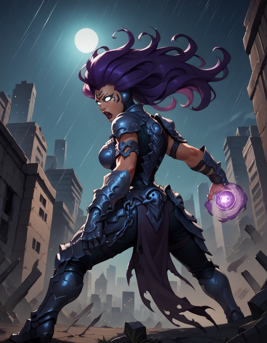 score_9, score_8_up, score_7_up,
1girl, solo,
large breasts,
FuryDG,
purple hair, no pupils, white eyes, facial tattoo, lipstick, long hair,
from behind, gauntlets, greaves, gorget, armored boots,
open mouth,
ruins, city, night, rain,
magic, glowing,chains, battle, dynamic pose,
 <lora:Fury DG PXL v01:1>