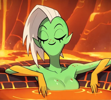 Lord Dominator, zPDXL, best quality, amazing quality, score 9, 1girl, white hair, lava, lava pool, bathing, closed eyes, smile, relaxed, <lora:Lord_Dominator:0.8>