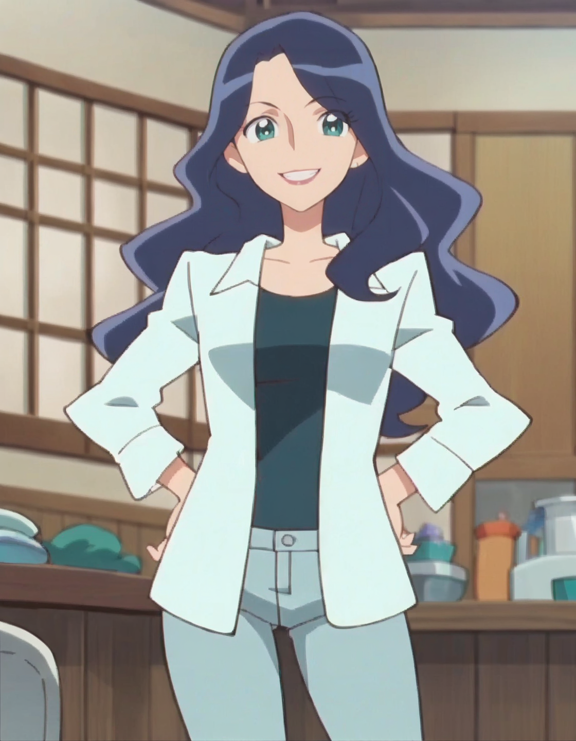 score_9, score_8_up, score_7_up, anime screencap, solo,1girl,kurumisakura, makeup pants, smile,labcoat,  cowboy shot,medium breasts, cowboy shot,wide hip<lora:kurumisakura:0.8>