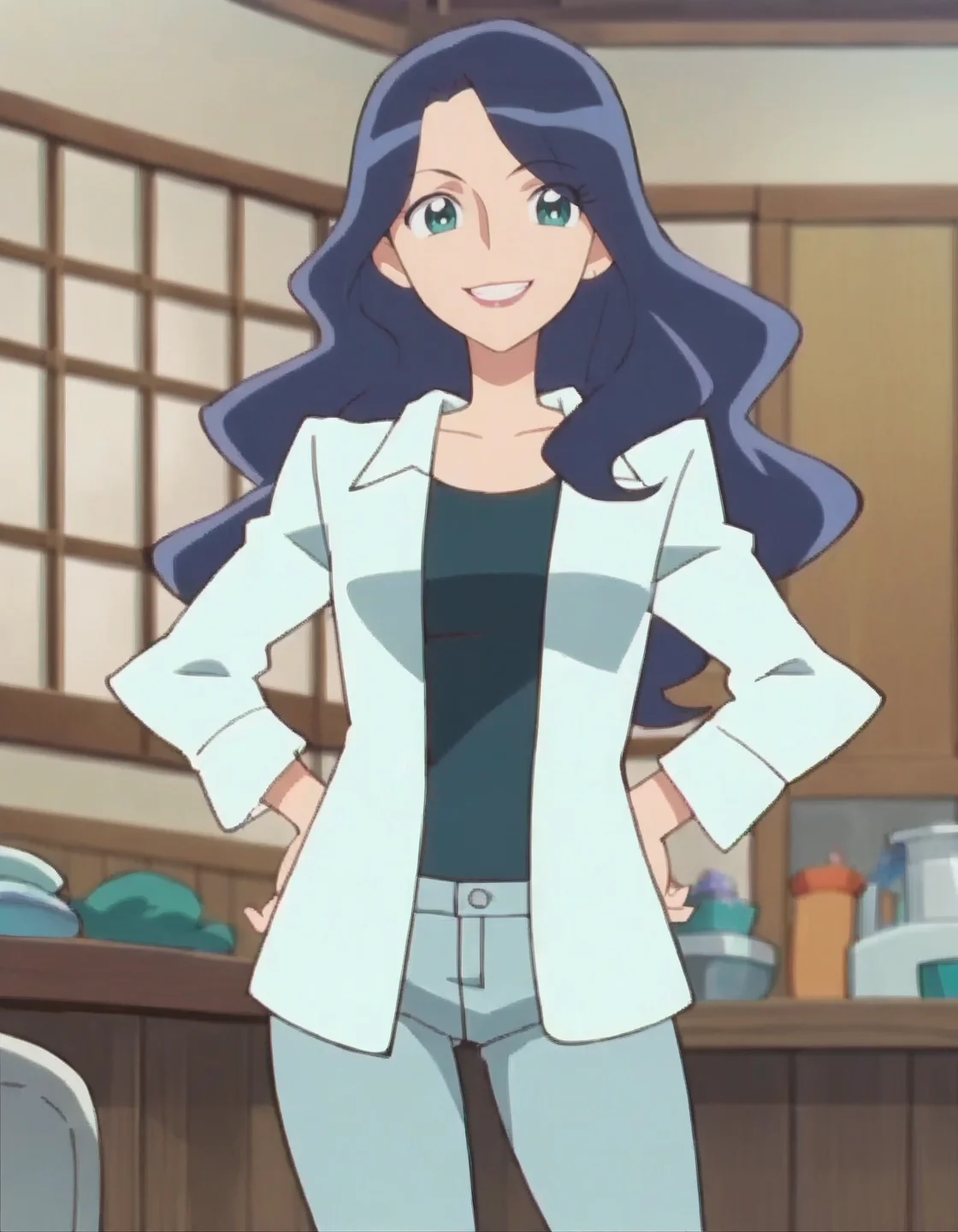 score_9, score_8_up, score_7_up, anime screencap, solo,1girl,kurumisakura, makeup pants, smile,labcoat, cowboy shot,medium breasts, cowboy shot,wide hip<lora:kurumisakura:0.8>
