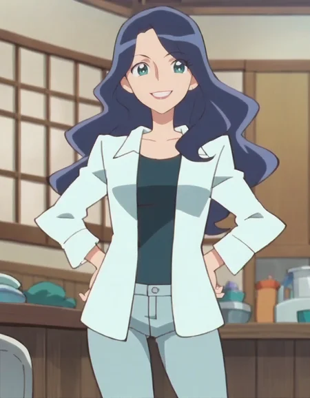 score_9, score_8_up, score_7_up, anime screencap, solo,1girl,kurumisakura, makeup pants, smile,labcoat, cowboy shot,medium breasts, cowboy shot,wide hip<lora:kurumisakura:0.8>