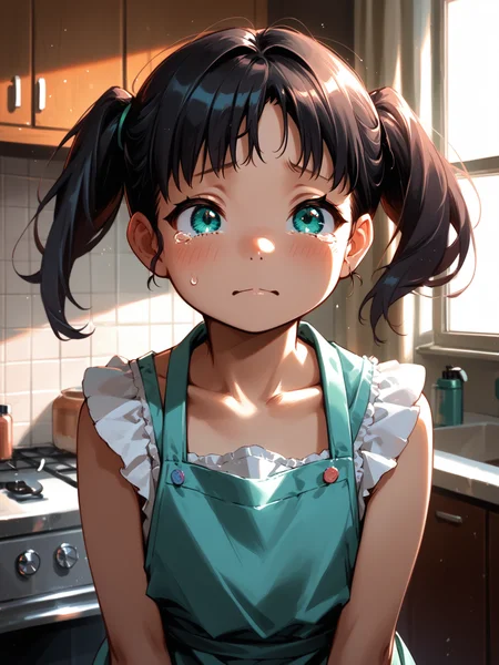 (upper body, solo focus:1.2) <lora:happy_tentacle-minori-v0.2-000027:1>, ht_minori, black hair, twintails, aqua eyes, (petite:1.2), <lora:Shed_The_Skin's StS_age_slider_v1_initial_release:-1.3> ( :1.1) ( , (crying with eyes open:0.8) , ( :1.2) , , looking up :1) , indoors, ((dusk :0.6), :0.8), ( window :0.9), (furniture:0.9), (messy room, messy hair, trash:0.4) , , , , (modern architecture :0.9), kitchen, apron ( :0.8) score_9, score_8_up, score_7_up, score_6_up, score_5_up, score_4_up, ( [(realistic, photorealistic:1.3):(realistic:1.2):18] [(3d:1.2)::16] :1) <lora:LUUNA's Lunas-NijiJourney-SDXL-B2:0.35>, nijijourney <lora:prgfrg23's Counterfeit-V3.0 Style SDXL_LoRA_Pony Diffusion V6 XL:0.5> <lora:mfcg's mfcgXL:0.12> <lora:reweik's gyokai(himehajime)_PonyXL_style_v01:0.14>