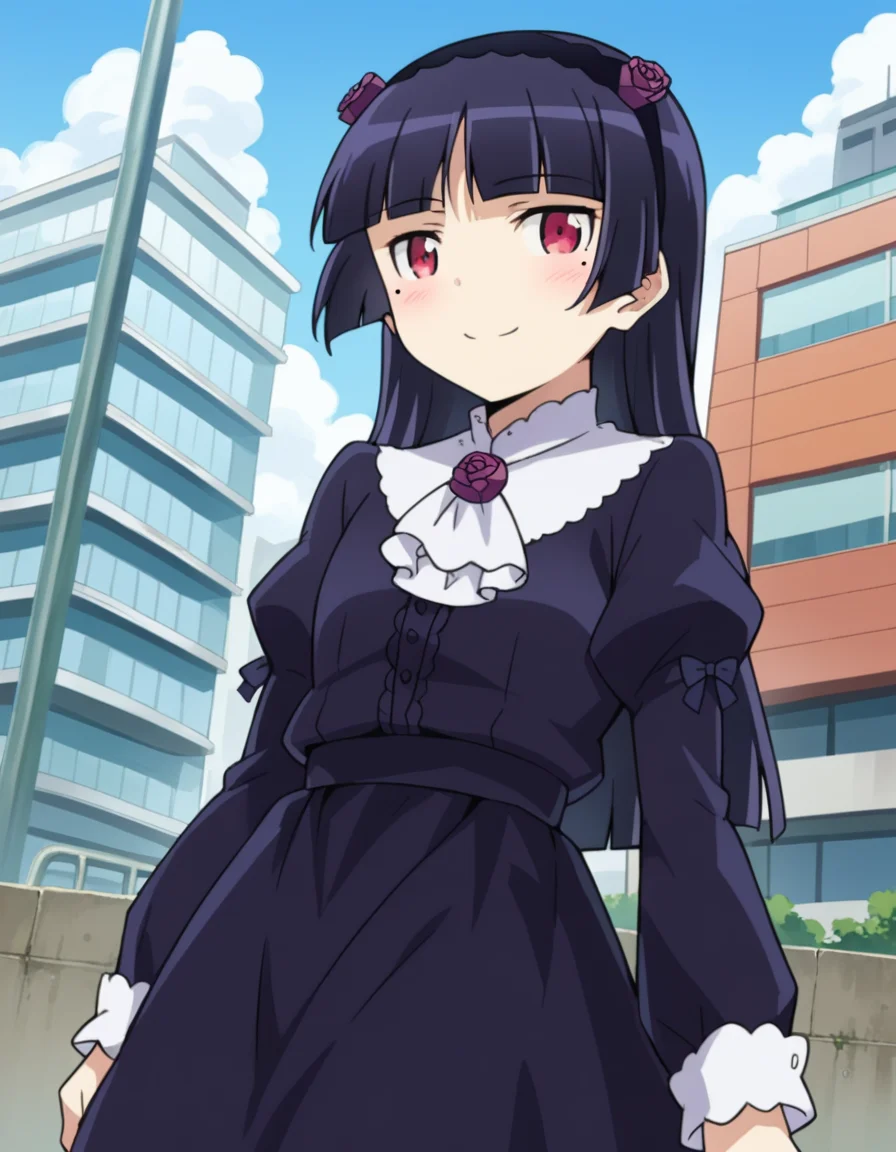 score_9, score_8_up, score_7_up, source_anime,
rurigokou, <lora:ruri-gokou-s2-ponyxl-lora-nochekaiser:1>,
ruri gokou, long hair, black hair, dress, pantyhose, mole, mole under eye, hime cut,
red eyes, dress, pantyhose, black dress, frills, puffy sleeves, long sleeves, hairband,
outdoors, cityscape, smile,
looking at viewer, cowboy shot, dutch angle,