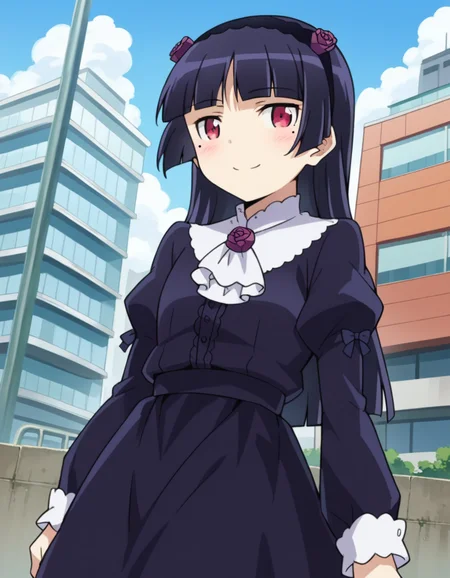 score_9, score_8_up, score_7_up, source_anime,
rurigokou, <lora:ruri-gokou-s2-ponyxl-lora-nochekaiser:1>,
ruri gokou, long hair, black hair, dress, pantyhose, mole, mole under eye, hime cut,
red eyes, dress, pantyhose, black dress, frills, puffy sleeves, long sleeves, hairband,
outdoors, cityscape, smile,
looking at viewer, cowboy shot, dutch angle,