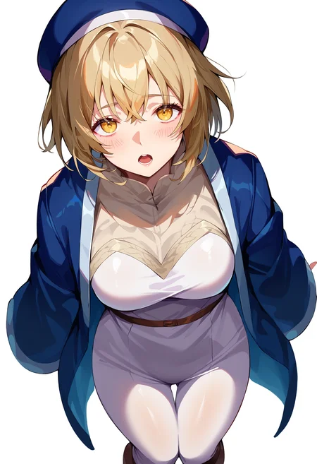 score_9,score_8_up,score_7_up,score_6_up, source_anime,
falin thorden, falin original outfit, 1girl, solo, short hair, dungeon meshi, brown footwear, large breasts, blush, white pants, facing viewer, blue headwear, robe, hat, long sleeves, jacket, white dress, knees together feet apart,
yellow eyes, open mouth, breasts,
looking at viewer,  
standing, from above, cowboy shot,
white background, simple background,
masterpiece, best quality, very aesthetic, absurdres
<lora:dungeon_meshi_collection_v23:1>