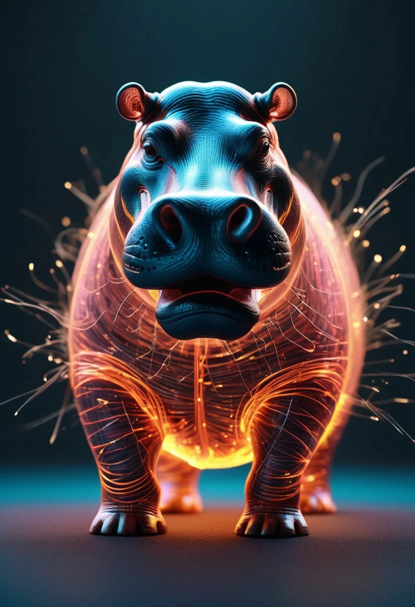 Score_9, score_8_up, score_7_up, high quality, 4k, 8k, extremely detailed, hippo in landscape made out of tiny neon glass filaments, rendered in stunning detail by Andrei Kolkoutine. big, round eyes, adorable expression. fire, explosions, funny theme, witty, Humor and wit, Aesthetic appeal, Engagement sparks
