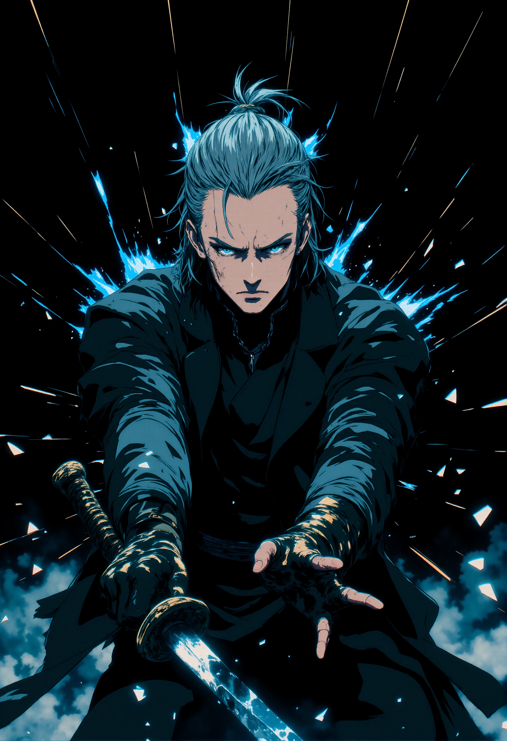 masterpiece, illustration,fantasy, best quality,concept art. A man with slicked-back gray hair holding a katana with one hand, a man wearing a long black coat. Close-up of a man attacking with a sword, cutting through the darkness. a masterpiece, a cinematic frame, a flash of blue energy in the form of linear rays, a minimalistic black background in the form of broken glass. cinematic lighting, a face illuminated by flashes of light, masculine facial features expressing strength and a sparkle in the eyes.Gloomy deep tones, <lora:FLUX-daubrez-DB4RZ-v2:0.5>,style painting, <lora:anime_martzv2:0.5> anime_martz, anime_source, <lora:MJanime_Flux_LoRa:0.9> Anime style,  <lora:NeonFantasyFLUX:0.7> ,ne0nfant4sy, <lora:lora:0.8> dmc5vergil, black coat, fingerless gloves, pants