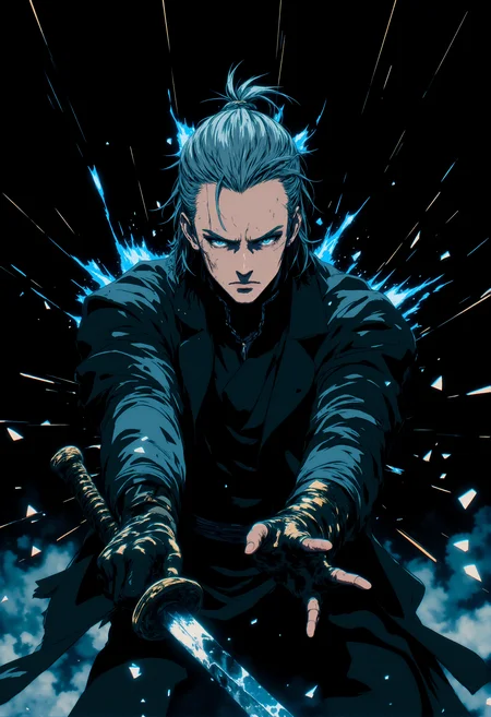 masterpiece, illustration,fantasy, best quality,concept art. A man with slicked-back gray hair holding a katana with one hand, a man wearing a long black coat. Close-up of a man attacking with a sword, cutting through the darkness. a masterpiece, a cinematic frame, a flash of blue energy in the form of linear rays, a minimalistic black background in the form of broken glass. cinematic lighting, a face illuminated by flashes of light, masculine facial features expressing strength and a sparkle in the eyes.Gloomy deep tones, <lora:FLUX-daubrez-DB4RZ-v2:0.5>,style painting, <lora:anime_martzv2:0.5> anime_martz, anime_source, <lora:MJanime_Flux_LoRa:0.9> Anime style, <lora:NeonFantasyFLUX:0.7> ,ne0nfant4sy, <lora:lora:0.8> dmc5vergil, black coat, fingerless gloves, pants