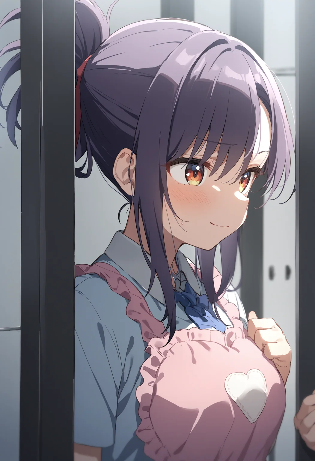 1girl,sincos, ningen mame, toosaka asagi,solo,medium breasts,school uniform,
heart apron,apron, frills, frilled apron, <lora:heartapron_XL_v1:0.6>
from side, panorama shot, looking ahead, purple hair, brown eyes,sad smile, in bars, closed mouth, folded ponytail hair,,
best quality, very aesthetic, absurdres