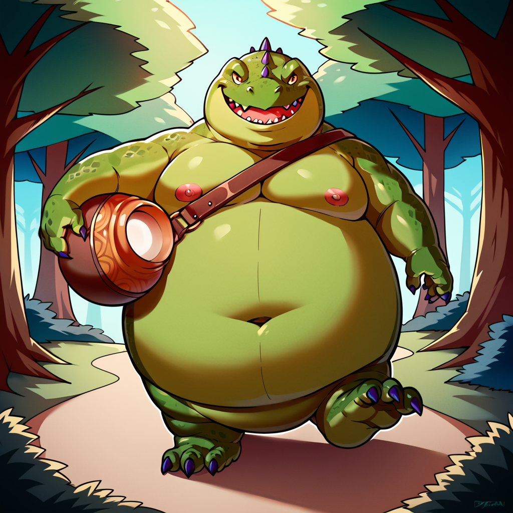 score_9, score_8_up, score_7_up, score_6_up, score_5_up, score_4_up, dragurn, green skin, dragon, fat, obese, carrying jar, spikes, stubby, pudgy, three toes, outside, forest background, forest scenery, wandering in the forest, walking, looking at viewer, smiling <lora:Fat_Dragons_Dragon_Quest_PonyXL:1>