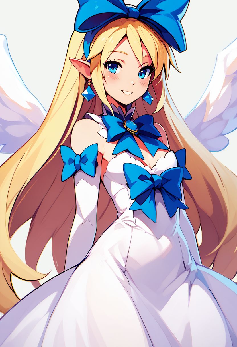 score_9, score_8_up, score_8, medium breasts, (curvy), cute, eyelashes, zPDXL2,  Expressiveh, 
flonne, 1girl, solo, blonde hair, long hair, white dress, blue eyes, pointy ears, earrings, jewelry, angel wings, big blue bow, smiling, blush, looking at viewer, cowboy shot,