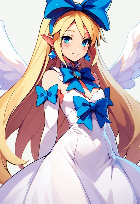 score_9, score_8_up, score_8, medium breasts, (curvy), cute, eyelashes, zPDXL2, Expressiveh,
flonne, 1girl, solo, blonde hair, long hair, white dress, blue eyes, pointy ears, earrings, jewelry, angel wings, big blue bow, smiling, blush, looking at viewer, cowboy shot,