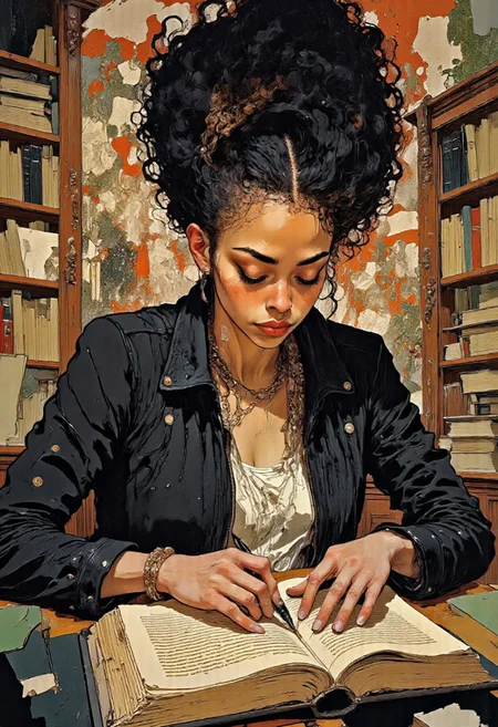 Wide angle shot of a black woman in afro hairdo sitting at a table ready to sign the title page of the book in front of her with a fountain pen. She is wearing a black leather jacket, a white tank top T-shirt. Behind her is a bookcase full of books with colorful spines. Dramatic lighting captures fine details in furniture design, intricate clothing folds, and the opulent state of the location. anime style, vibrant colors, cinematic shot, soft lighting, red background, halo behind women, playful, mesmerizing patterns, DB4RZ style painting, f4nt4st1c, mythp0rt