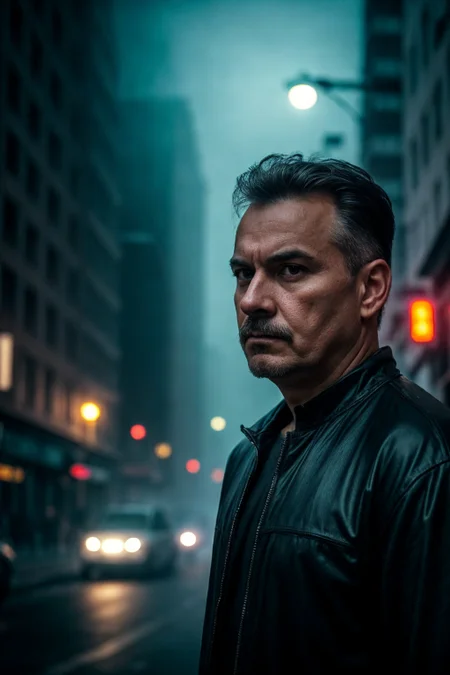 city street, neon, fog, volumetric, closeup photo of a 50 y.o man in dark clothes, serious face
