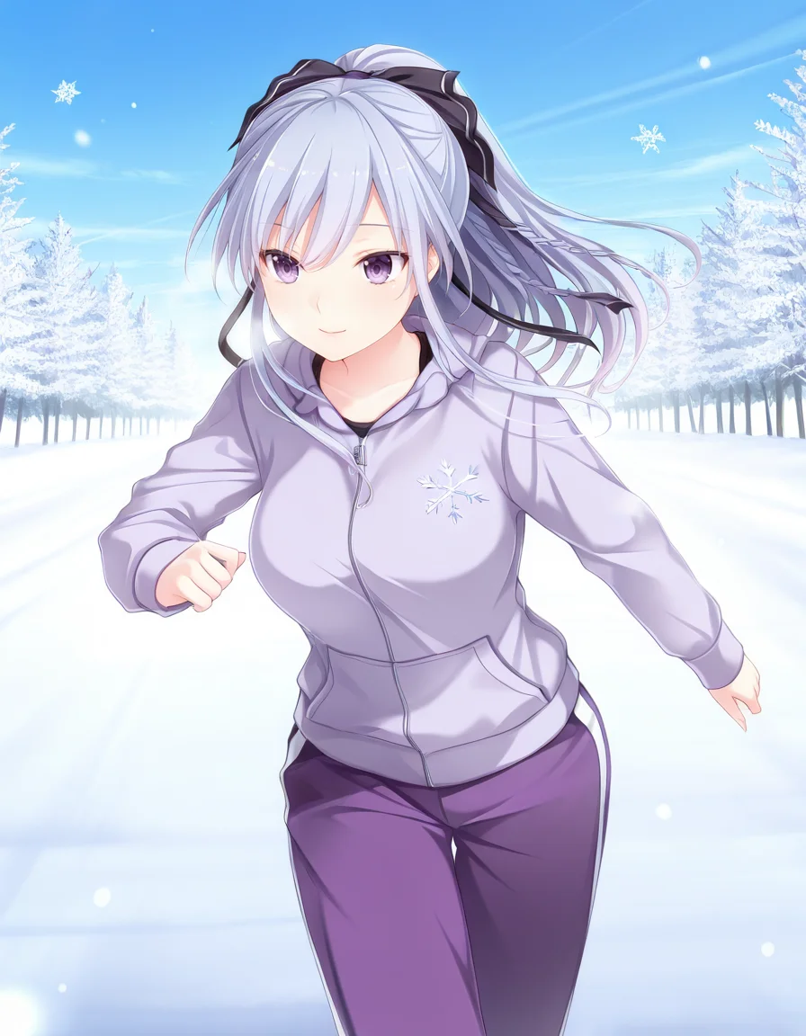 1girl, solo, 
<lora:Kisaragi_Mizuha_LCD_v05:1> kisaragimizuhalcd, braid, hair bow, hair ribbon, black ribbon,
hood, hooded sweater, track pants, purple pants, tank top, long sleeves, 
light smile, 
running, 
 blue sky, snowflakes, winter, masterpiece, best quality, amazing quality,