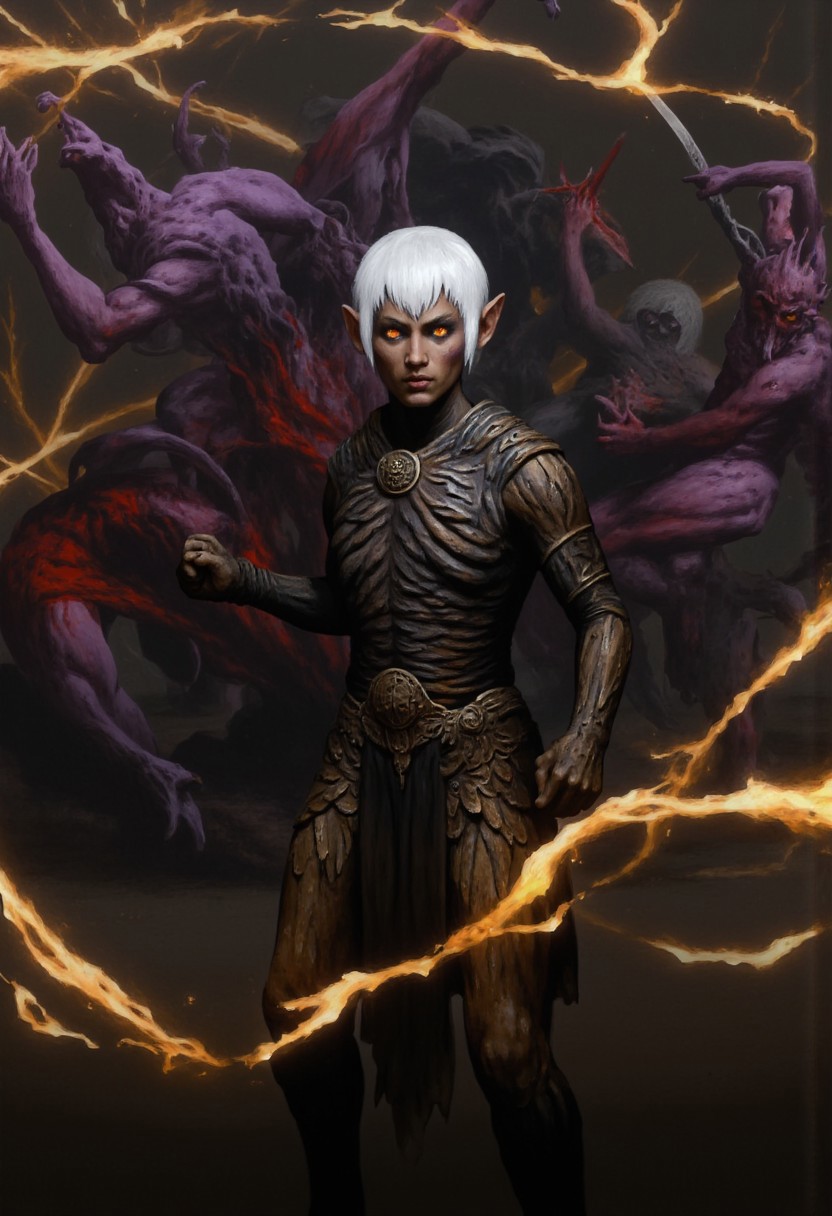 b3rs3rk macro lens d4concept pov, 3D01S, simple background d4artstyle atmospheric and powerful MikeFranchinastyle dark fantasy, natural organic and first person pov of a berserk style creature in the Tsutomu Nihei style 
Dark elf warrior, ebony skin with a slight metallic sheen, contrasting shock-white hair ranging from short and tousled to long and flowing. Sharp, angular facial features with high cheekbones and pointed ears. Piercing eyes that glow with inner light, colors varying from amber to pale lavender. Athletic, lithe body clad in intricate, form-fitting armor made of overlapping weaved plates and scales in deep dark purples, blacks, and gunmetal grays. Armor design includes ornamental  bladed edges, suggesting both protection and offensive capabilities. Wielding an assortment of weapons including curved swords, throwing stars, and magical whips made of crackling energy. Poses range from dramatic action stances to regal portraits, conveying both lethal grace and commanding presence. Background alternates between shadowy caverns, fiery underworld landscapes, and medieval fantasy cityscapes bathed in golden light. Art style spans from highly detailed digital paintings to stylized fantasy illustrations, with emphasis on dramatic lighting and shadow play to accentuate the character's mysterious and dangerous aura
UHD letterboxed game trailer frame chromatic aberration dark atmosphere sharp masterpiece with a focus on the character, elden ring style, dark atmosphere