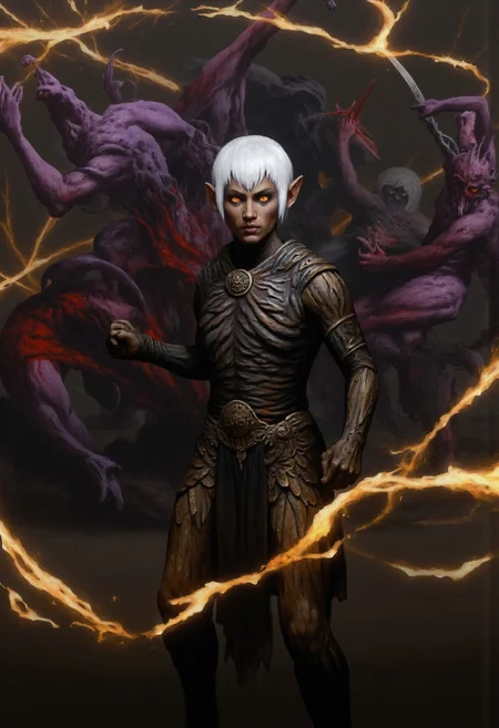 b3rs3rk macro lens d4concept pov, 3D01S, simple background d4artstyle atmospheric and powerful MikeFranchinastyle dark fantasy, natural organic and first person pov of a berserk style creature in the Tsutomu Nihei style
Dark elf warrior, ebony skin with a slight metallic sheen, contrasting shock-white hair ranging from short and tousled to long and flowing. Sharp, angular facial features with high cheekbones and pointed ears. Piercing eyes that glow with inner light, colors varying from amber to pale lavender. Athletic, lithe body clad in intricate, form-fitting armor made of overlapping weaved plates and scales in deep dark purples, blacks, and gunmetal grays. Armor design includes ornamental bladed edges, suggesting both protection and offensive capabilities. Wielding an assortment of weapons including curved swords, throwing stars, and magical whips made of crackling energy. Poses range from dramatic action stances to regal portraits, conveying both lethal grace and commanding presence. Background alternates between shadowy caverns, fiery underworld landscapes, and medieval fantasy cityscapes bathed in golden light. Art style spans from highly detailed digital paintings to stylized fantasy illustrations, with emphasis on dramatic lighting and shadow play to accentuate the character's mysterious and dangerous aura
UHD letterboxed game trailer frame chromatic aberration dark atmosphere sharp masterpiece with a focus on the character, elden ring style, dark atmosphere