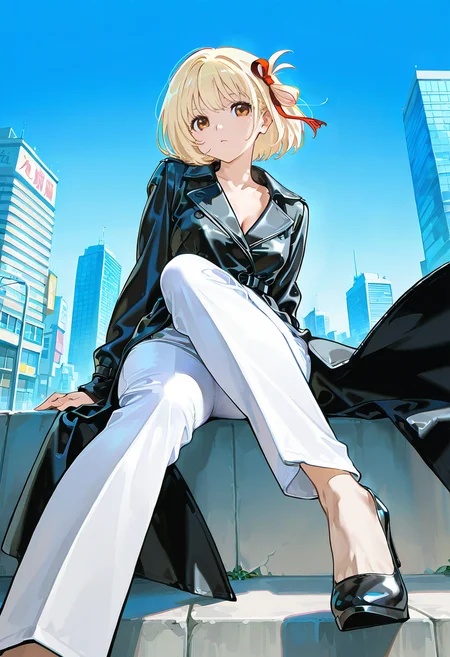 1girl,solo,looking at viewer,ikeda ruriko,pu jacket, black coat, open coat, nishikigi_chisato, white pants,high heels,city,