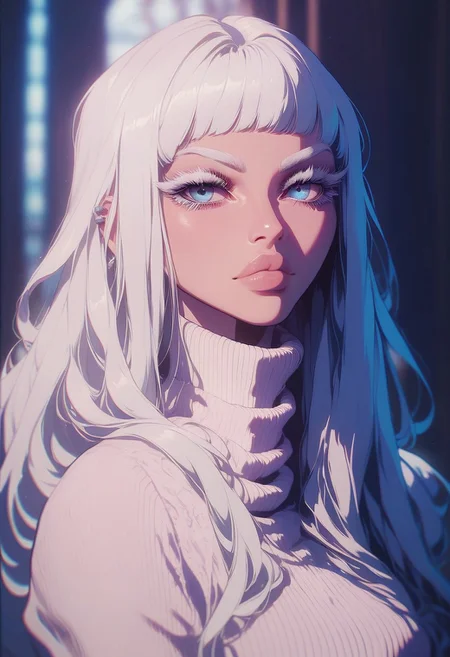 score_9, score_8_up, score_7_up, score_6_up,
SHSLG, 1girl, solo, long hair, white hair, looking at viewer, portrait, bangs, blue eyes, closed mouth, turtleneck, blurry background, lips, piercing, blurry, white eyelashes, puffy lips