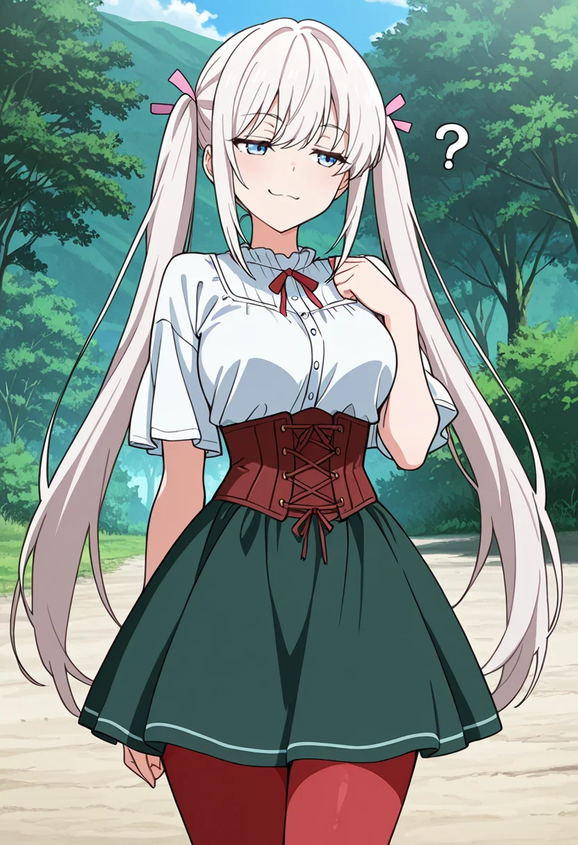 masterpiece,high quality details,
outdoors,
<lora:Komako_Semenovich:0.8> komako_cnr, 1girl, white hair, very long hair, twintails, blue eyes,sidelocks, hair ribbon,(aged up:1.2), confused,smug,, corset,crop top ,panel skirt, ,red pantyhose,