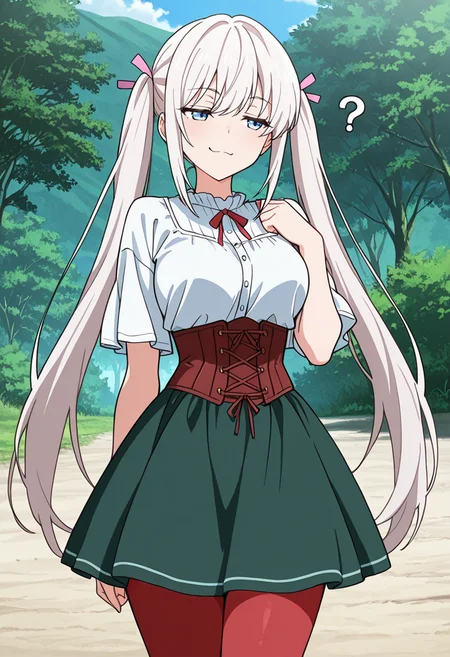 masterpiece,high quality details,
outdoors, 
 <lora:Komako_Semenovich:0.8> komako_cnr, 1girl, white hair, very long hair, twintails, blue eyes,sidelocks, hair ribbon,(aged up:1.2), confused,smug,, corset,crop top ,panel skirt,  ,red pantyhose,