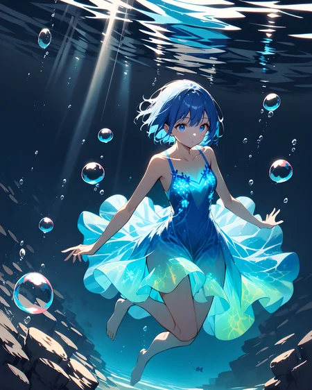 1girl, full body, swimming, underwater, short hair, blue hair, blue eyes, bioluminescent dress, blue dress, sleeveless dress, collarbone, bare shoulders, bare arms, bubble, light rays <lora:xl_bioluminescent_dress-1.0:0.6>