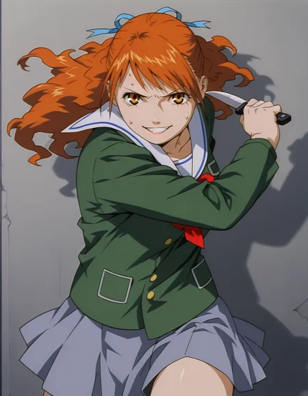 <lora:momomi-illustrious-000020:1> momomi, hair ribbon, serafuku, green shirt, skirt
1girl, solo, knife, incoming attack, wall, grin, sweat, masterpiece, best quality