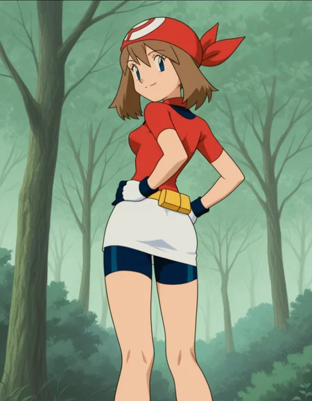 official style,may (pokemon), pokemon (anime), 2000s,brown hair, blue eyes, red bandans, red shirt, short sleeves, gloves, white pouch, white skirt, short skirt, pencil skirt, bike shorts,(standing:1.5),(hand on own hip:1.5),
explicit,(anime screencap), 2d cel anime,anime cap,anime,anime style,anime cel,cell shadedsoft brightness,perfect face,perfect nose, perfect hair, perfect eyes,perfect female body,perfect skin,a face of perfect proportion,perfect lighting,perfect anatomy,perfect proportion,perfect hands,perfect legs,perfect fingers,masterpiece,hair between eyes,
breasts,
perky breasts,best quality,very aesthetic,absurdres,16k,intricate detail,amazing quality,(bold:3.12),thick outline,black outline,harsh lines,soft lines,deluster,boldline,curvy,(anime coloring:1.2), smile,slim,
looking at viewer,
super fine illustration,detailed linework,vibrant colors,kawaii,flat color,outdoors,forest,
(from behind:2.4),
<lora:ãã±ããã¢ã³ã¹ã¿ã¼ãã«ã«åå ´çã¢ãã¡ä½ç»é¢¨PokemonMayMovie_ANIME_Styleillustrious-000015:1:0.8>