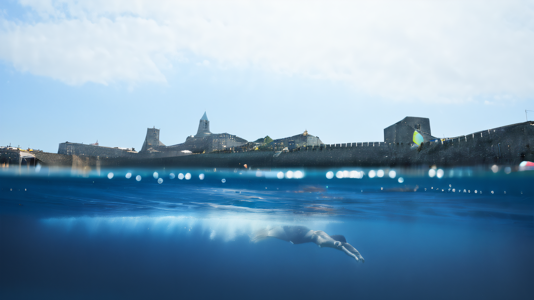 a person swimming under the water in front of a large building with a clock tower on the top of it <lora:Splitshot:1>