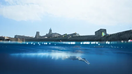 a person swimming under the water in front of a large building with a clock tower on the top of it <lora:Splitshot:1>