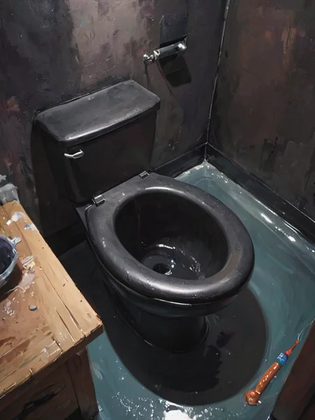 wrnoultx, painting, a rubber toilet standing inside a cozy latex bath, deep shadows, sunny, <lora:- SDXL - wrnoultx_rubber_coating_V1.0:.8>