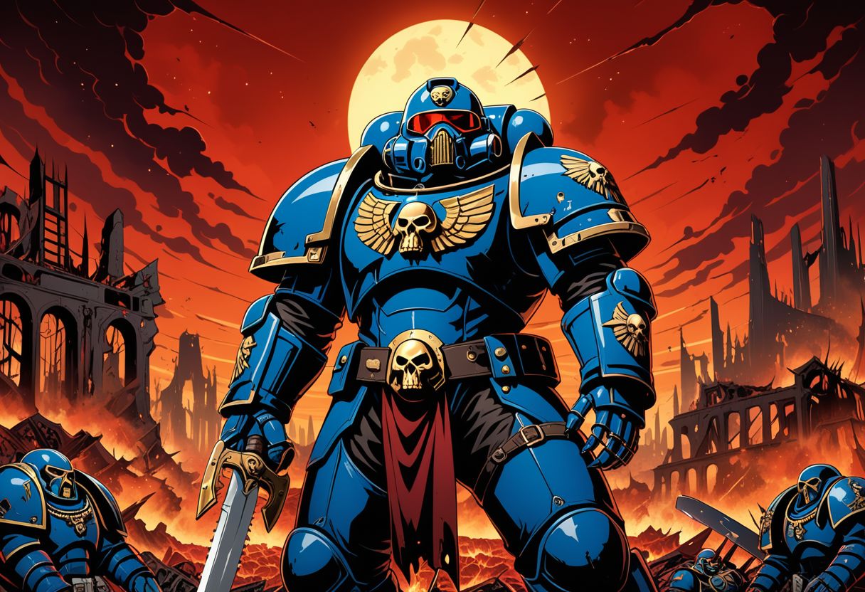 An intricately detailed 4K screencap from a high-budget modern anime production, with clean professional linework and vibrant colors. It depicts a 1man wielding a chainsword, chainsawblade, on a blasted hellscape, dilapidated ruined city, red skies, wearing a suit of sleek, shiny, gold and blue advanced power armor. warhammer40k, space marine, grimdark, symmetrucal goggles, symmetrical viser, symmetrical helmet, symmetrical armor, forces of chaos, khorn