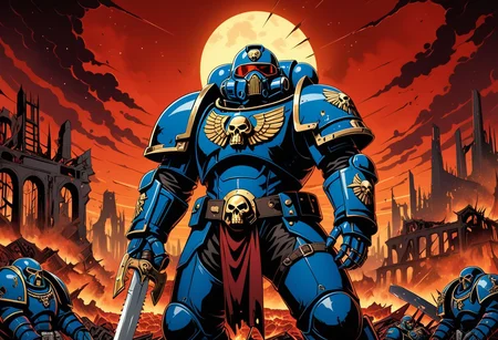 An intricately detailed 4K screencap from a high-budget modern anime production, with clean professional linework and vibrant colors. It depicts a 1man wielding a chainsword, chainsawblade, on a blasted hellscape, dilapidated ruined city, red skies, wearing a suit of sleek, shiny, gold and blue advanced power armor. warhammer40k, space marine, grimdark, symmetrucal goggles, symmetrical viser, symmetrical helmet, symmetrical armor, forces of chaos, khorn