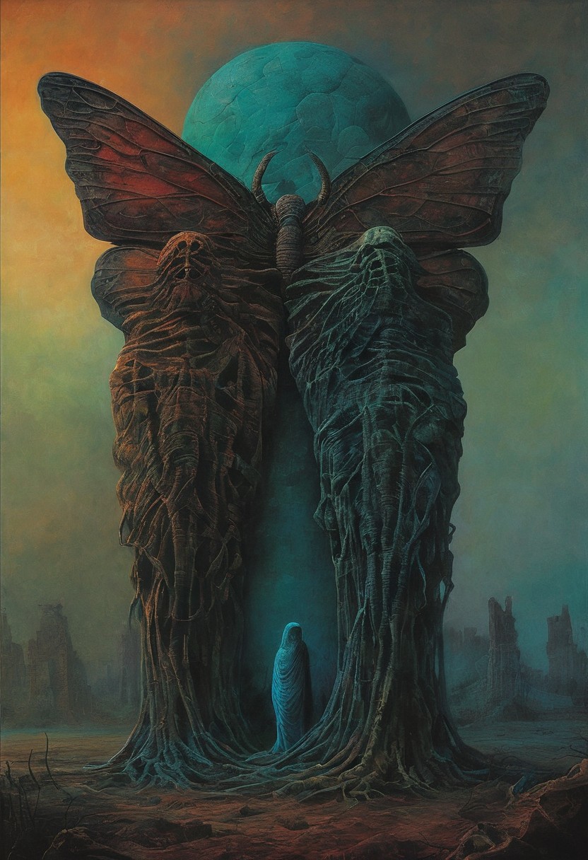 digital artwork of a Two bodies {intertwined in a funny way, the giant insect metamorphosis, full body shot, surreal background}, Night ambient, psychic powers, teal and triadic colors By (Zdzislaw Beksinski:1.36), detailed background, masterpice, trending on artstation, best quality, 4k textures, ultra detailed
