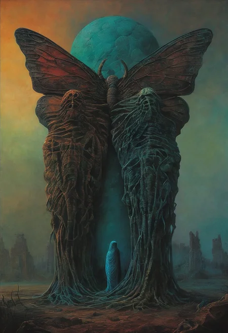 digital artwork of a Two bodies {intertwined in a funny way, the giant insect metamorphosis, full body shot, surreal background}, Night ambient, psychic powers, teal and triadic colors By (Zdzislaw Beksinski:1.36), detailed background, masterpice, trending on artstation, best quality, 4k textures, ultra detailed
