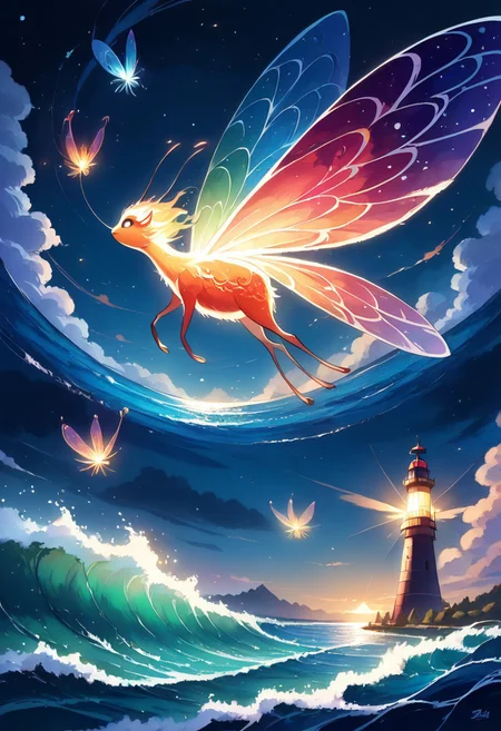 lighthouse, small rocky island, ocean waves, bright sunlight, studio ghibli, (score_9, score_8_up, score_7_up, best quality,masterpiece,high res, 4k,magical,ethereal,mix of watercolor and oil painting, Chiaroscuro,deep colors, vivid, colorful, fairy tale aethestics, magic, fireflies, cinematic composition, volumetric lighting, volumetric fogs, volumetric dusk, lots of volumetric clouds, cinematic composition, side view, penumbra, celestial, ethereal)