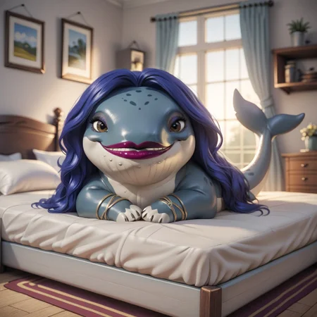 score_9, score_8_up, score_7_up, score_6_up, score_5_up, score_4_up, masterpiece, high quality, realistic, detailed, best quality, white bed, solo, rating_safe, source_furry, bedroom, lying on belly, looking at viewer, full body, close up, detailed eyes, whaletaur_cw, whale, blue hair, arms, lipstick, brown eyes, female, 1girl, feral