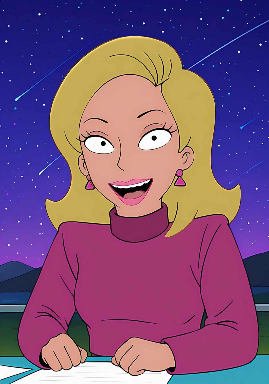absurdres, 8k, high resolution, masterpiece, best quality, absolutely fantastic art, amazing quality, very aesthetic, <lora:futuramawomen>, futuramawomen, anchorwoman, 1girl, solo, long hair, looking at viewer, smile, open mouth, blonde hair, shirt, long sleeves, jewelry, earrings, sky, makeup, night, lipstick, star (sky), night sky, starry sky, pink shirt, paper, purple shirt