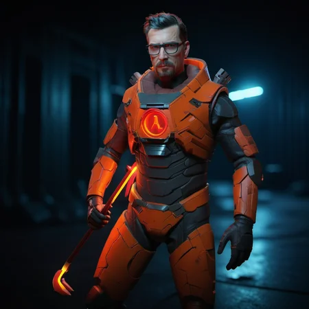 Neon noir a man with glasses in a orange and black space suit, holds a red (((crowbar))), dystopian background <lora:GordonFreeman1024:0.8> . Cyberpunk, dark, rainy streets, neon signs, high contrast, low light, vibrant, highly detailed