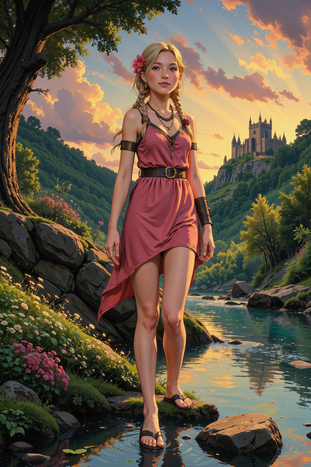 box braids dark blonde hair young woman, druid, anime, illustration, extremely detailed, portrait, standing, happy smile, flower in hair, glossy lipstick, celtic necklace, torc earrings, loincloth, sandals,  Highlighter Pink druid short dress, legs, sharp focus, fantasy, celtic landscape, small rock, moss, ripples, reflections, celtic  castle, small river pond, druid forest, druid village, stunning nature environment, enchanted land, clovers, Bright Spearmint flowers, best quality, colorful, wet floor, bright sunny sky, sunset, raytracing, hdr, high contrast, ethereal natural lights, backlight, lens flare, shadows, vibrant colors, colorful, pretty, beautiful, happy, smiling, feminine, sexy, lovely, in love, adorable, fashion,  <lora:Hand v2:1> <lora:Anti-Blur:1><lora:Insane Detail Slider:0.5>  <lora:flux.1_lora_flyway_Epic-detail_v2:0.3><lora:fluxenhancer:0.5> <lora:RetroAnimeFluxV1:0.4> <lora:Luminous_Shadowscape:0.4> <lora:SujatmikoArafuru_Flux:0.2> Suzume style