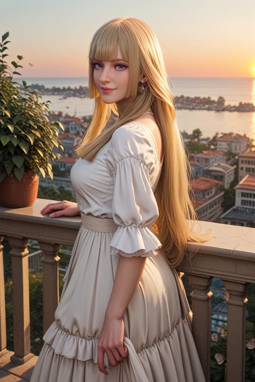 score_9, score_8_up, score_7_up, score_6_up
<lora:T8Lili:0.8>
T8Lili, 1girl, blonde hair, long hair, blunt bangs, looking at viewer, soft smile, standing on balcony, leaning on railing, overlooking ocean, gentle breeze, sunset