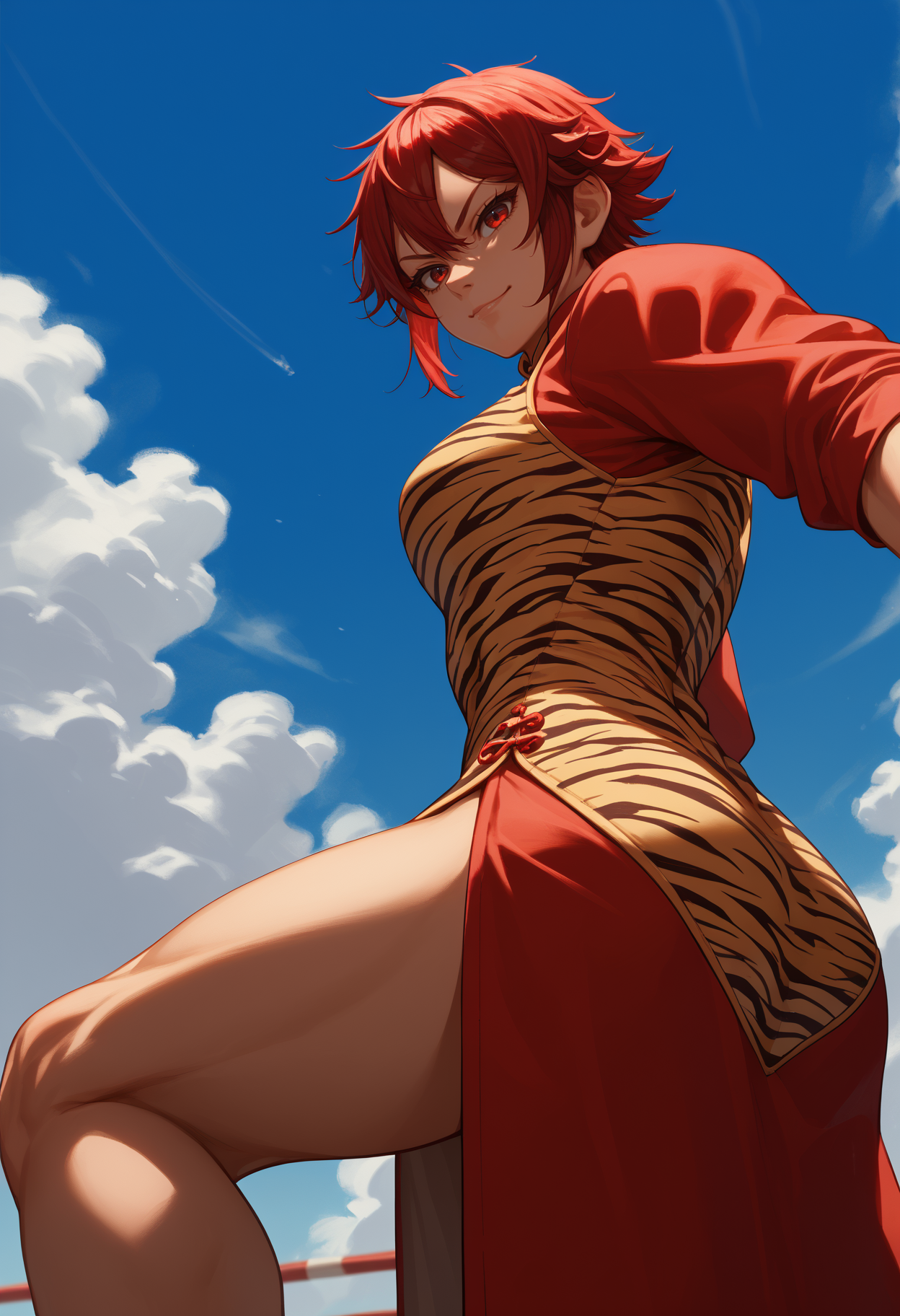 china dress, tiger print, from side, blue sky, smile, looking at viewer, fighting stance, from below, serious, score_9, score_8_up,score_7_up, source_anime, 1girl, solo, <lora:aizwtm_pdxl_EliPot:1>, aizawatomo, red hair, short hair, red eyes, tomboy, toned, muscular female,