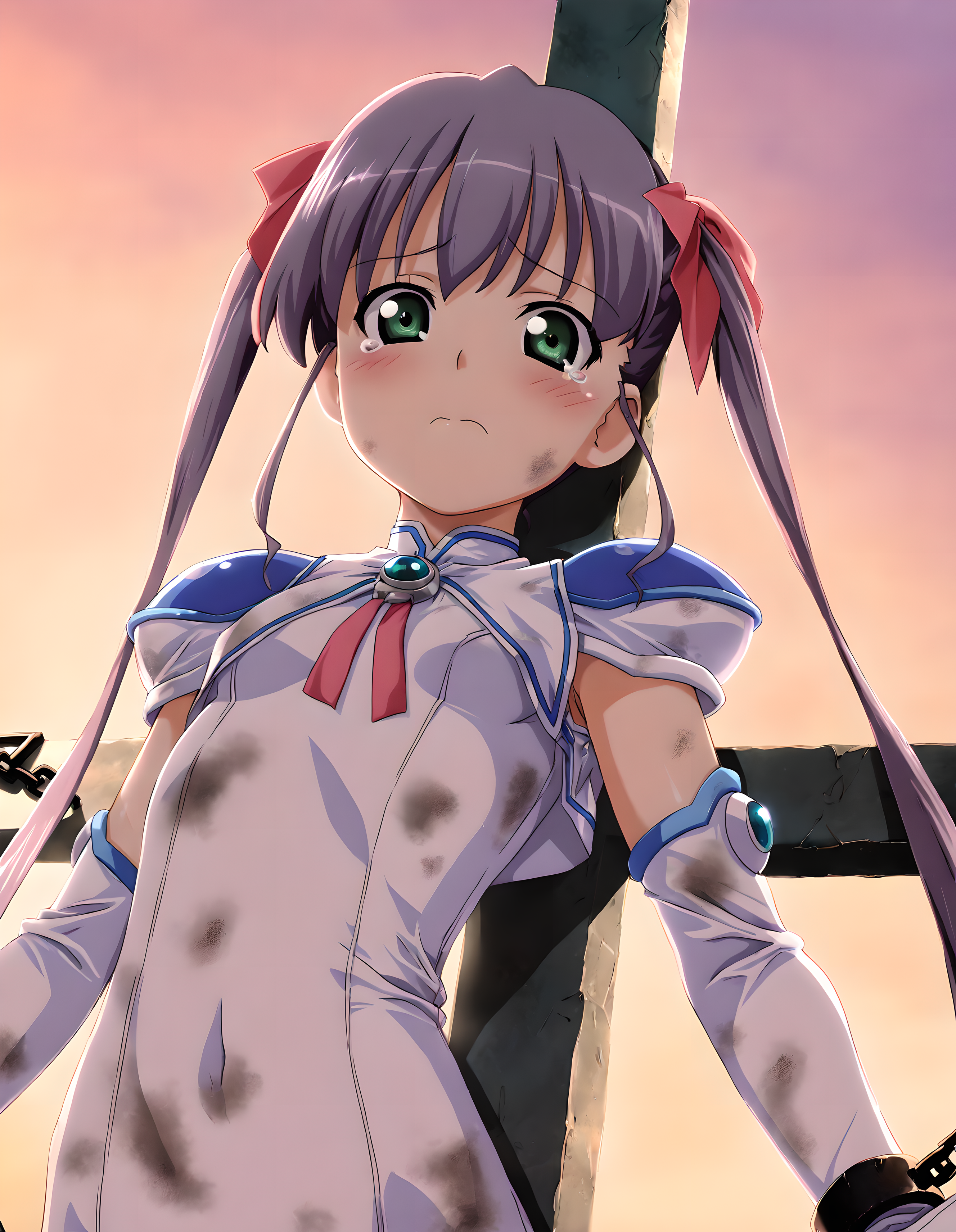 <lora:illustrious_XL_hikari_v2:0.8>,hikari,masterpiece,best quality,good quality,1girl,solo,purple hair,green eyes,white one-piece swimsuit,shoulder pads,white elbow gloves,dirty_clothes,ripped clothes,brooch,dusk,shackles,restraint on the cross,outstretched_arms,upper_body,tearing_up,light_blush,