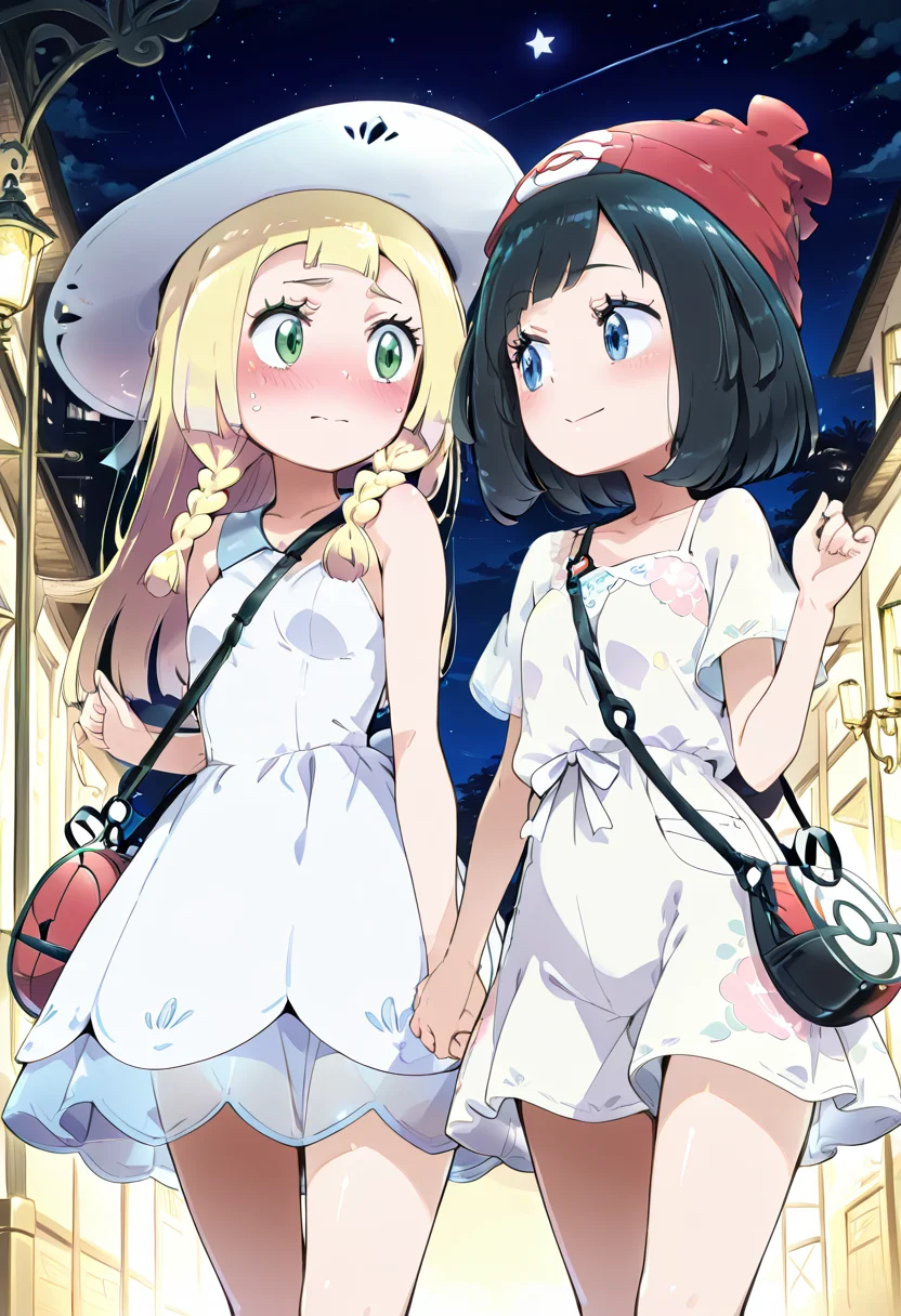masterpiece, best quality, 2girls, solo, eyelashes, beautiful eyes, bag, black hair, blonde hair, dress, flustered, green eyes, hat, holding hands, Lillie (Pokemon), long hair, multiple girls, night, night sky, Nintendo, Pokemon, Pokemon SM, Selene (Pokemon), short hair, sky, smile, sun hat, sundress â Lillie and Selene share a tender moment under the starry night sky. Lillie, with her long blonde hair and soft green eyes, wears her signature sun hat and a flowing sundress, looking flustered as she holds hands with Selene. Selene, with her short black hair and radiant smile, dons a stylish sundress, her playful expression glowing against the tranquil night sky. The two girls are surrounded by the soft glow of the night, with a subtle yet serene Pokemon-inspired atmosphere, their bond evident in the gentle hold of their hands. <lora:LilliePokemon_NAI:0.7>, <lora:SelenePokemon_NAI:0.7>, ,<lora:HomuraSubaruNAI:1.0>,