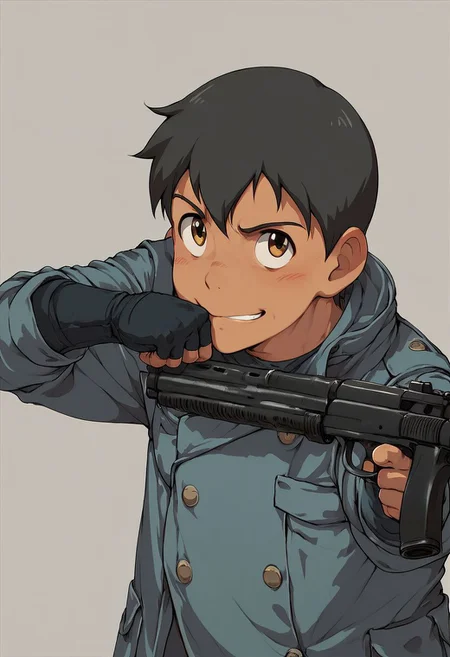 (Morishima_Hodaka) ,score_9, score_8_up, 1boy, flat color, black hair, brown eyes, smirk, clear eyes, head tilt, (navy coat:1.2), showing off, cute, petty short body, dark skin, gun, (mess blowed up hair),