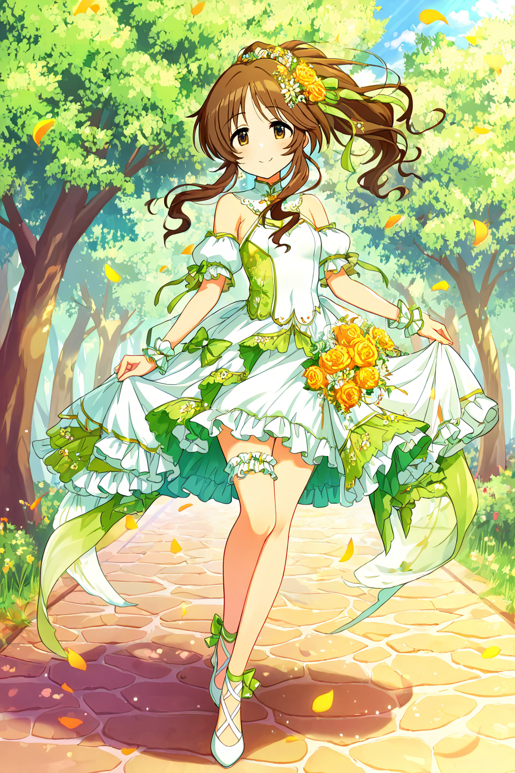 masterpiece,best quality,very aesthetic,absurdres,highres,newest,official art,official style,
1girl,solo,
takamori aiko,brown eyes,brown hair,long hair,
bare shoulders,detached sleeves,dress,frilled thigh strap,green dress,hair flower,hair ornament,hair ribbon,short sleeves,sleeveless,sleeveless dress,two-tone dress,white dress,wrist cuffs,
<lora:eye_focus:1>,eye_focus,
flower,tree,outdoors,petals,
smile,standing,full body,
<lora:idolmaster_takamori_aiko_ill_v1.0:1>,