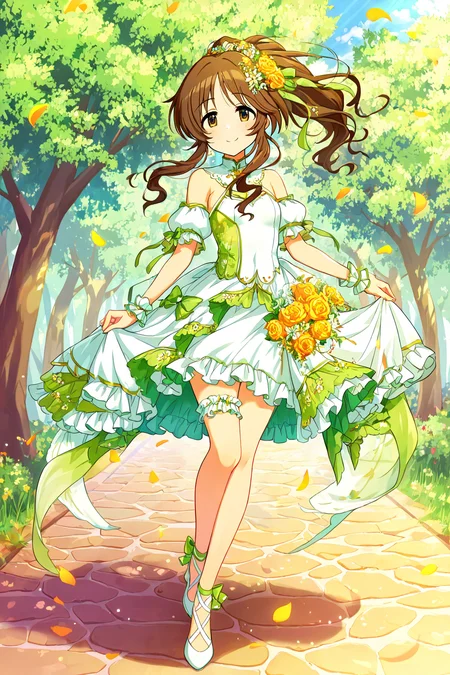masterpiece,best quality,very aesthetic,absurdres,highres,newest,official art,official style,
1girl,solo,
takamori aiko,brown eyes,brown hair,long hair,
bare shoulders,detached sleeves,dress,frilled thigh strap,green dress,hair flower,hair ornament,hair ribbon,short sleeves,sleeveless,sleeveless dress,two-tone dress,white dress,wrist cuffs,
<lora:eye_focus:1>,eye_focus,
flower,tree,outdoors,petals,
smile,standing,full body,
<lora:idolmaster_takamori_aiko_ill_v1.0:1>,