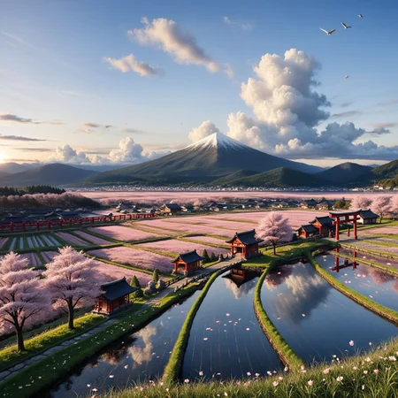 masterpiece, best quality, amazing quality, very aesthetic, perfect eyes,hiper realistic,
,flower, outdoors, sky, day, cloud, water, blue_sky, tree, no_humans, bird, grass, cloudy_sky, building, cherry_blossoms, scenery, reflection, sunset, mountain, road, torii, architecture, field, house, east_asian_architecture, power_lines, mountainous_horizon, evening, landscape, shrine, hill, town, spring_\(season\), stone_lantern, vanishing_point, mount_fuji, village, rice_paddy, rural,A stunning photo of a serene landscape at sunset. The sky is filled with vibrant pink and orange hues, with fluffy white clouds scattered across the blue sky. In the foreground, a traditional Japanese torii gate stands tall, surrounded by lush green fields with pink cherry blossom trees. The background features a distant mountain peak, adding to the serene and peaceful atmosphere. The image is highly detailed and vibrant, with a focus on the natural beauty of the landscape.